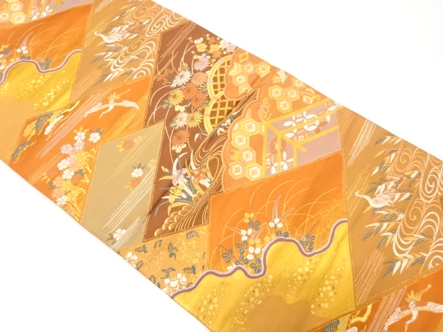 未使用品　いづくら製　光悦垣に花鳥・古典柄織り出し袋帯(未仕立て)